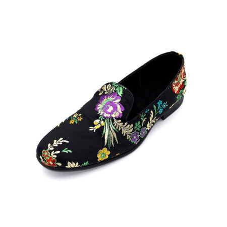 Slipper Satin Negro Flores